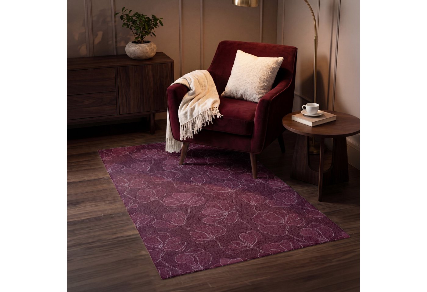 OnlyWow Teppich Blumen - Muster - Burgunderrot, Rechteckig, Schlafzimmer, Vorleger, Kurzflor, Carpet 80x120 cm