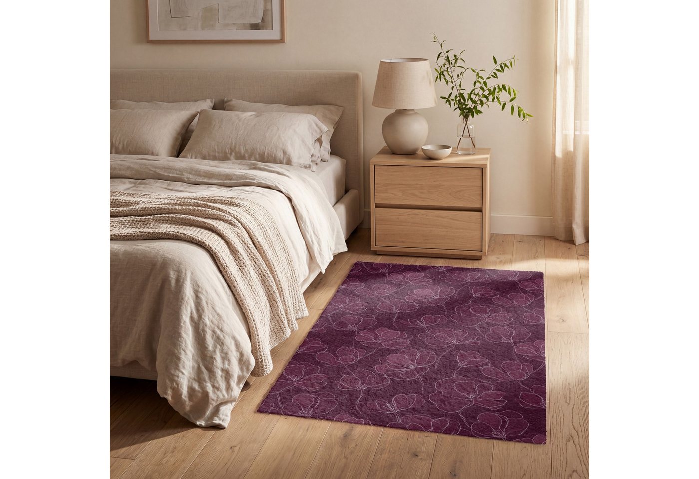 OnlyWow Teppich Blumen - Muster - Burgunderrot, Rechteckig, Schlafzimmer, Vorleger, Kurzflor, Carpet 80x120 cm Bild 3