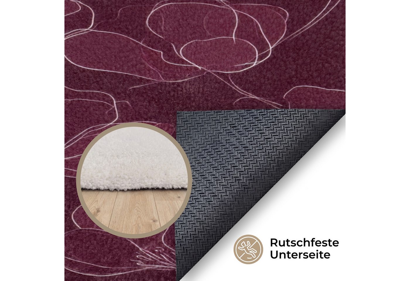 OnlyWow Teppich Blumen - Muster - Burgunderrot, Rechteckig, Schlafzimmer, Vorleger, Kurzflor, Carpet 80x120 cm Bild 4