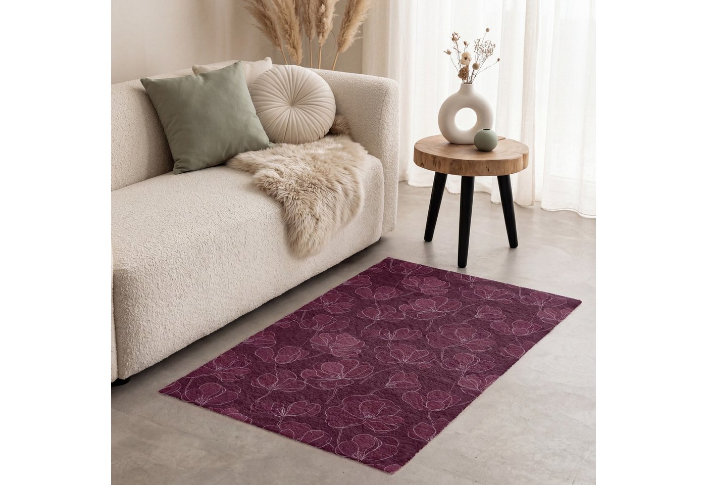 OnlyWow Teppich Blumen - Muster - Burgunderrot, Rechteckig, Schlafzimmer, Vorleger, Kurzflor, Carpet 80x120 cm Bild 5