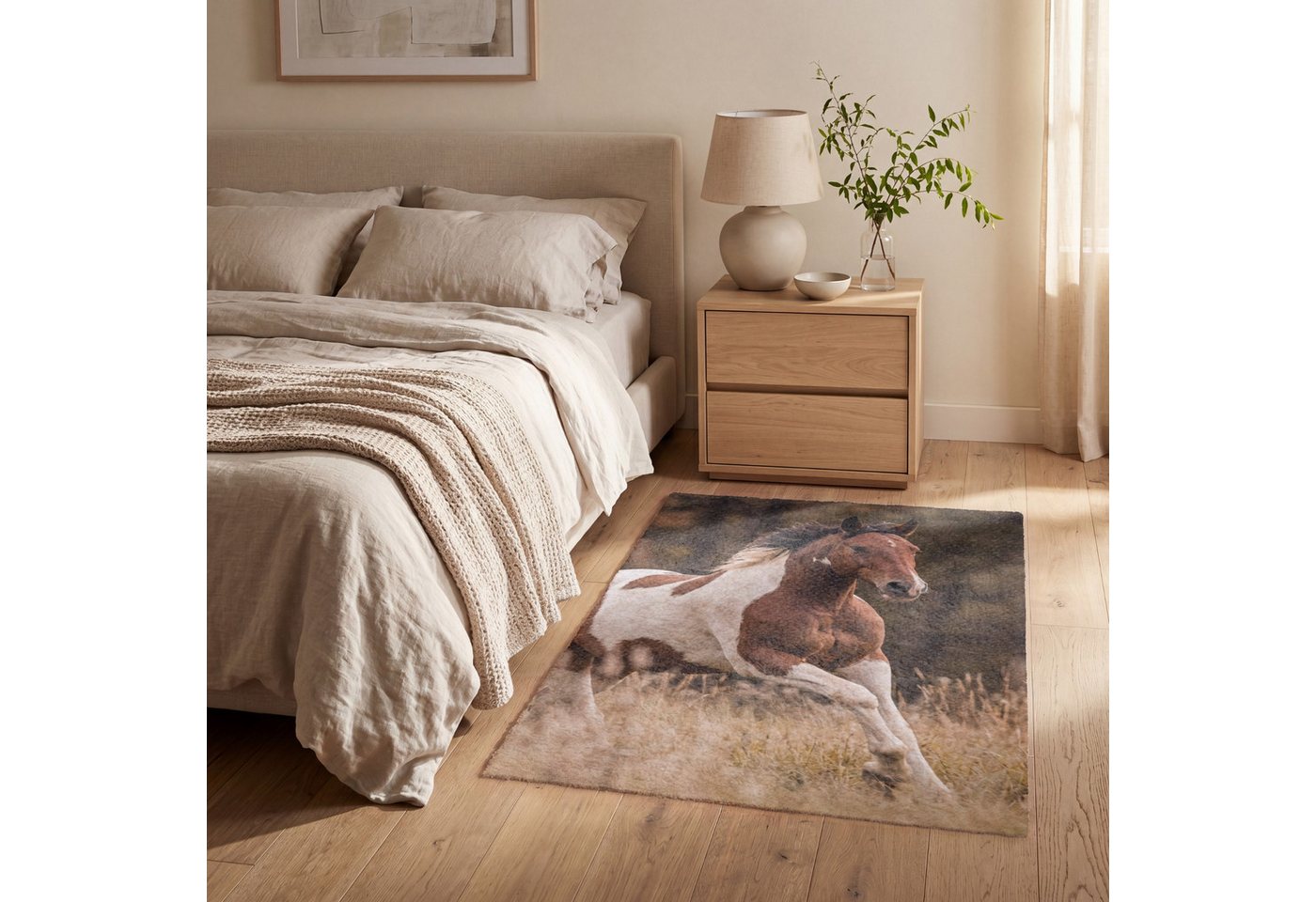 OnlyWow Teppich Pferd - Braun - Gras, Rechteckig, Schlafzimmer, Vorleger, Kurzflor, Carpet 80x120 cm