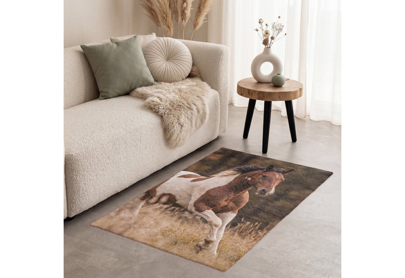 OnlyWow Teppich Pferd - Braun - Gras, Rechteckig, Schlafzimmer, Vorleger, Kurzflor, Carpet 80x120 cm Bild 3