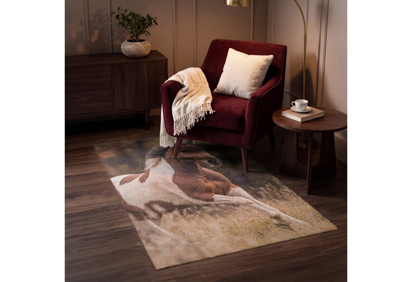 OnlyWow Teppich Pferd - Braun - Gras, Rechteckig, Schlafzimmer, Vorleger, Kurzflor, Carpet 80x120 cm Bild 4