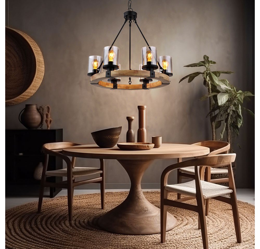 GLOBO LIGHTING Kronleuchter, Leuchtmittel inklusive, Warmweiß, Kronleuchter Pendellampe Esszimmerleuchte 6-flammig Metall Holz