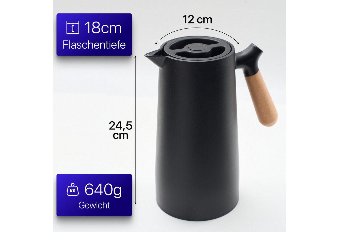 KVOTA Isolierkanne 1L Thermoskanne Glaskolbe Schwarz Holzgriff 1-Click Öffnung, 1 l Bild 5