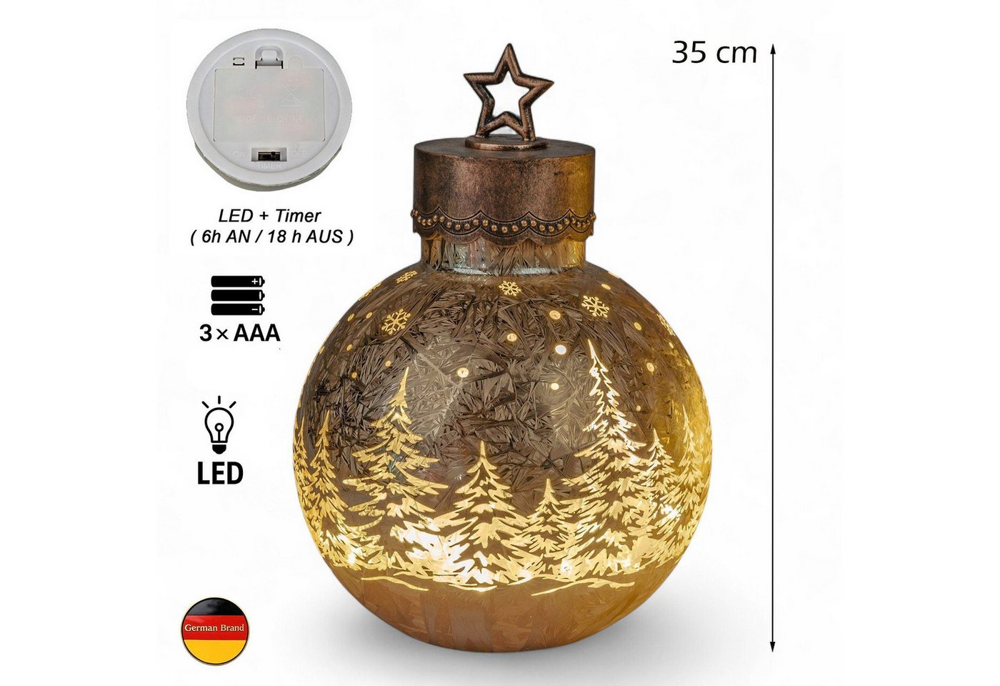 formano LED Dekolicht XXL Glas-Kugel Frosty Gold 35 cm Ice-Optik Timer 6h/18h Weihnachten, LED fest integriert