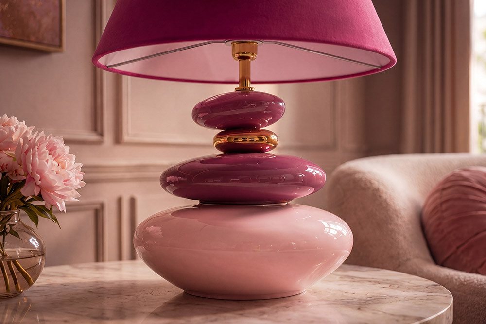 riess-ambiente Tischleuchte STONES OF ECSTASY 60cm pink/rosa - Kunststein, Stoffschirm, rund, Ein-/Ausschalter, ohne Leuchtmittel, mit dekorativem Steinsockel & goldenen Details – ideal für Wohnräume
