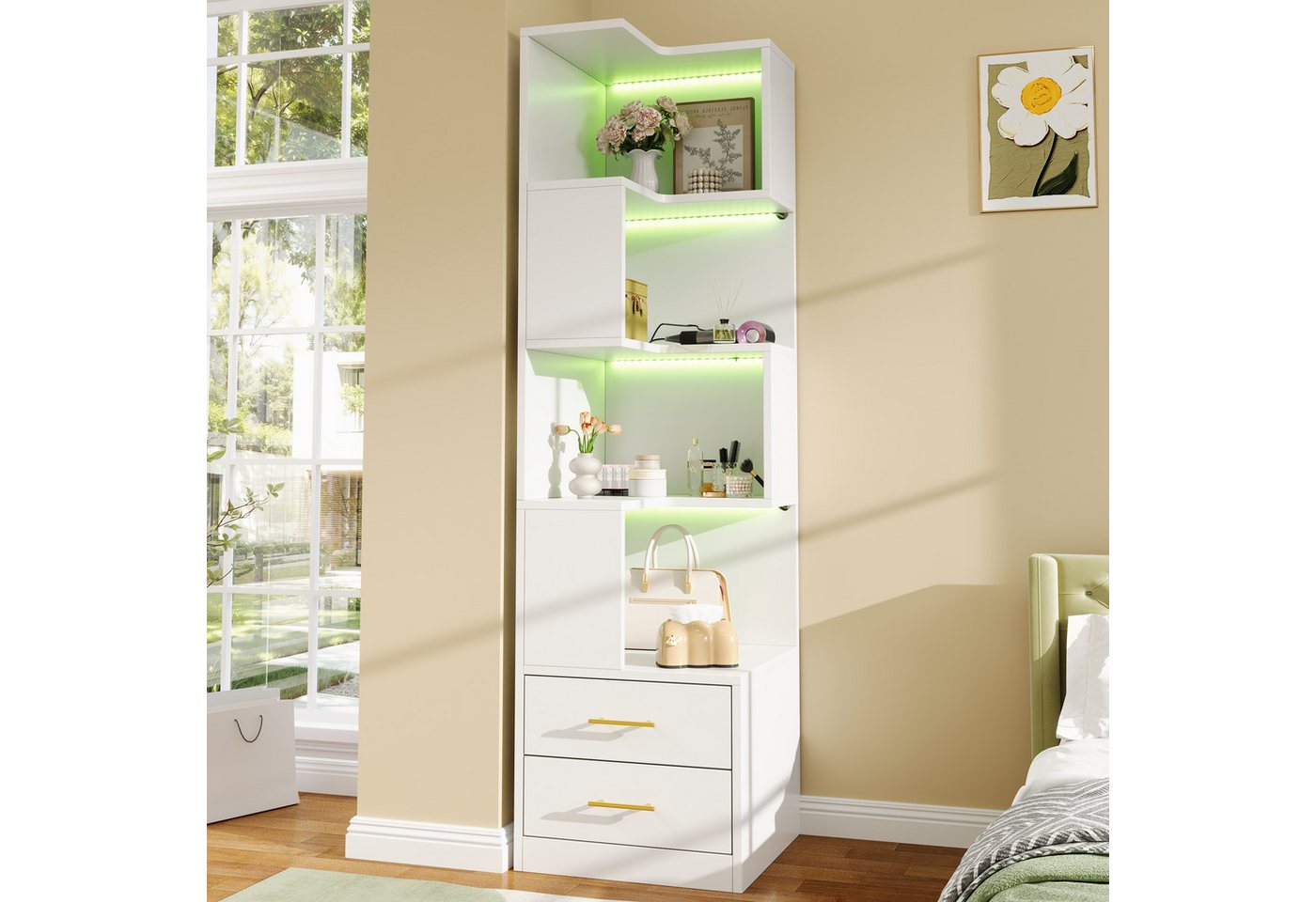 Flieks Bücherregal Standregal Eckregal mit LED-Beleuchtung und 6 Ebenen/5 Ebenen, B63,5/T45/H165 cm 1-tlg., Eckbücherregal mit 4 Fächer & 2 Schubladen L-förmig Hochschrank Weiß
