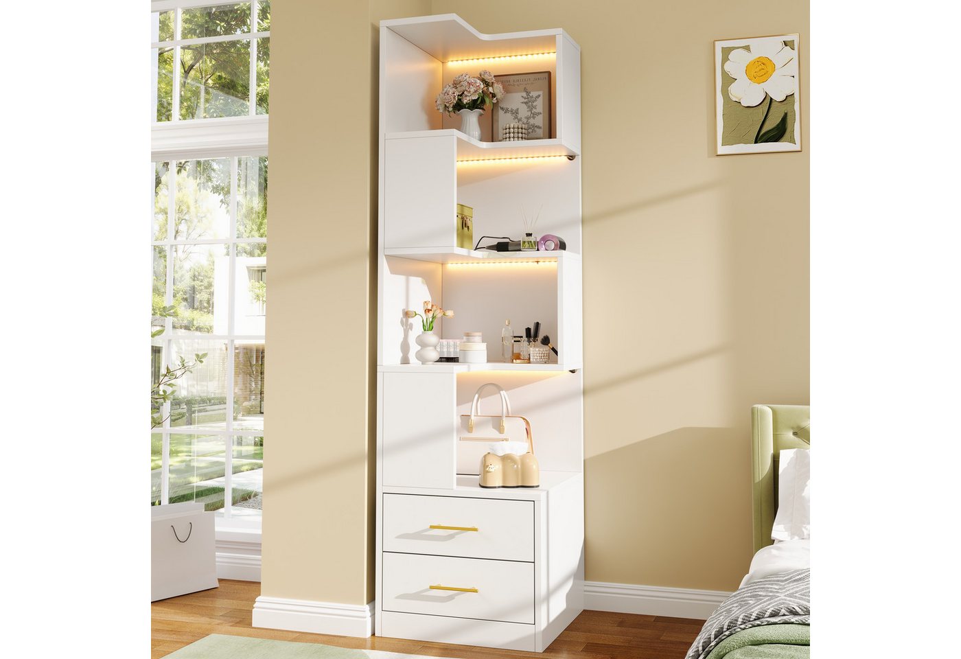 Flieks Bücherregal Standregal Eckregal mit LED-Beleuchtung und 6 Ebenen/5 Ebenen, B63,5/T45/H165 cm 1-tlg., Eckbücherregal mit 4 Fächer & 2 Schubladen L-förmig Hochschrank Weiß Bild 4