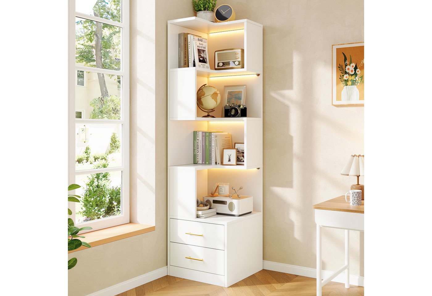 Flieks Bücherregal Standregal Eckregal mit LED-Beleuchtung und 6 Ebenen/5 Ebenen, B63,5/T45/H165 cm 1-tlg., Eckbücherregal mit 4 Fächer & 2 Schubladen L-förmig Hochschrank Weiß Bild 5