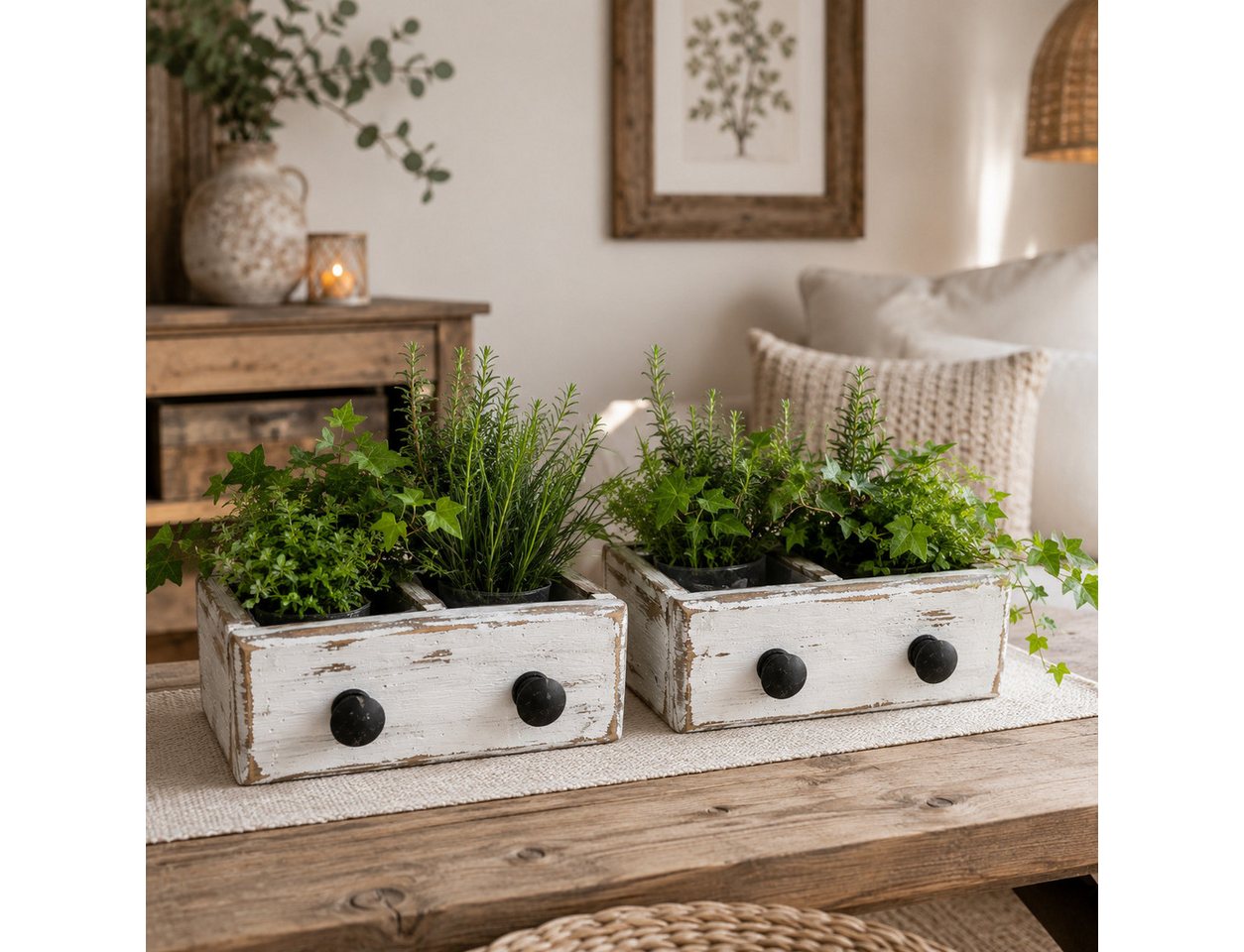 finehomegarden Blumentopf Schublade Holz weiß 2erSet Shappy Ø22x10cm H13cm Pflanzkasten (Set, 2 St., 2er- Set), Blumenkasten 2fach Kräuter Blumen Landhaus / Paket Bild 2