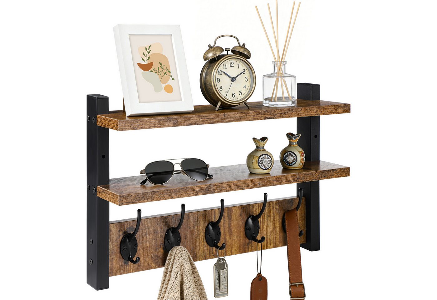 QUBEBU Wandgarderobe Wandgarderobe mit 2 Ablage, Wandregal mit 10 Haken Hängeregal bis 10kg (Kleiderhaken Wand - Wandgarderobe für Flure, Garderoben, Schlafzimmer, 1 St., Garderobenhaken, 41.5 x 11.5 x 28.5 cm (L x B x H), Garderobenleiste für Jacken, Mäntel, Taschen, Hüte und Schals bieten