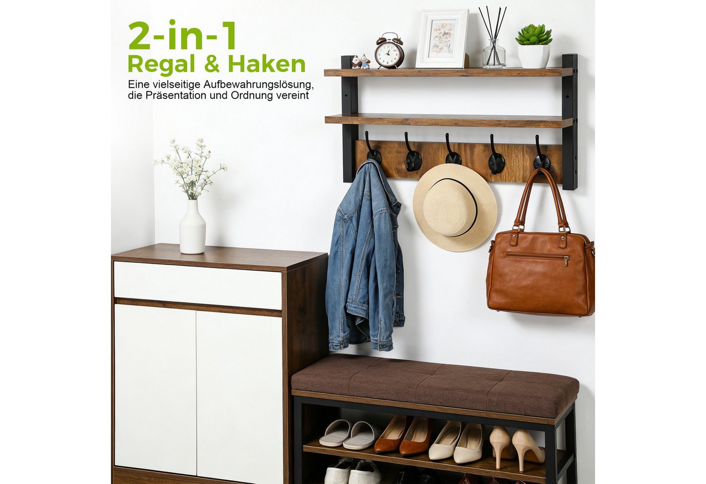 QUBEBU Wandgarderobe Wandgarderobe mit 2 Ablage, Wandregal mit 10 Haken Hängeregal bis 10kg (Kleiderhaken Wand - Wandgarderobe für Flure, Garderoben, Schlafzimmer, 1 St., Garderobenhaken, 41.5 x 11.5 x 28.5 cm (L x B x H), Garderobenleiste für Jacken, Mäntel, Taschen, Hüte und Schals bieten Bild 2
