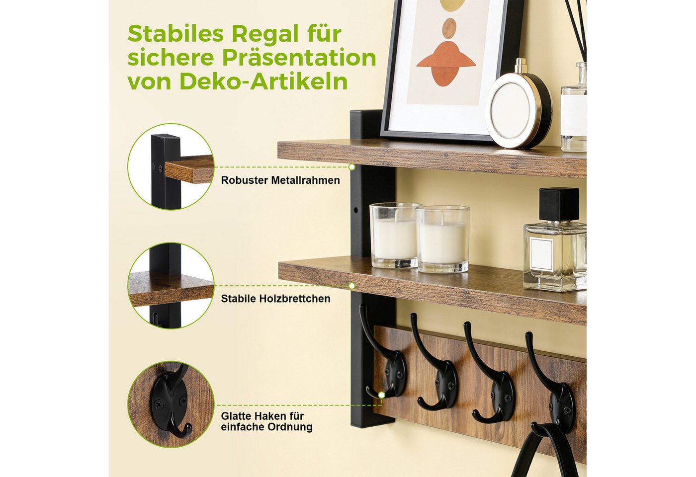 QUBEBU Wandgarderobe Wandgarderobe mit 2 Ablage, Wandregal mit 10 Haken Hängeregal bis 10kg (Kleiderhaken Wand - Wandgarderobe für Flure, Garderoben, Schlafzimmer, 1 St., Garderobenhaken, 41.5 x 11.5 x 28.5 cm (L x B x H), Garderobenleiste für Jacken, Mäntel, Taschen, Hüte und Schals bieten Bild 3