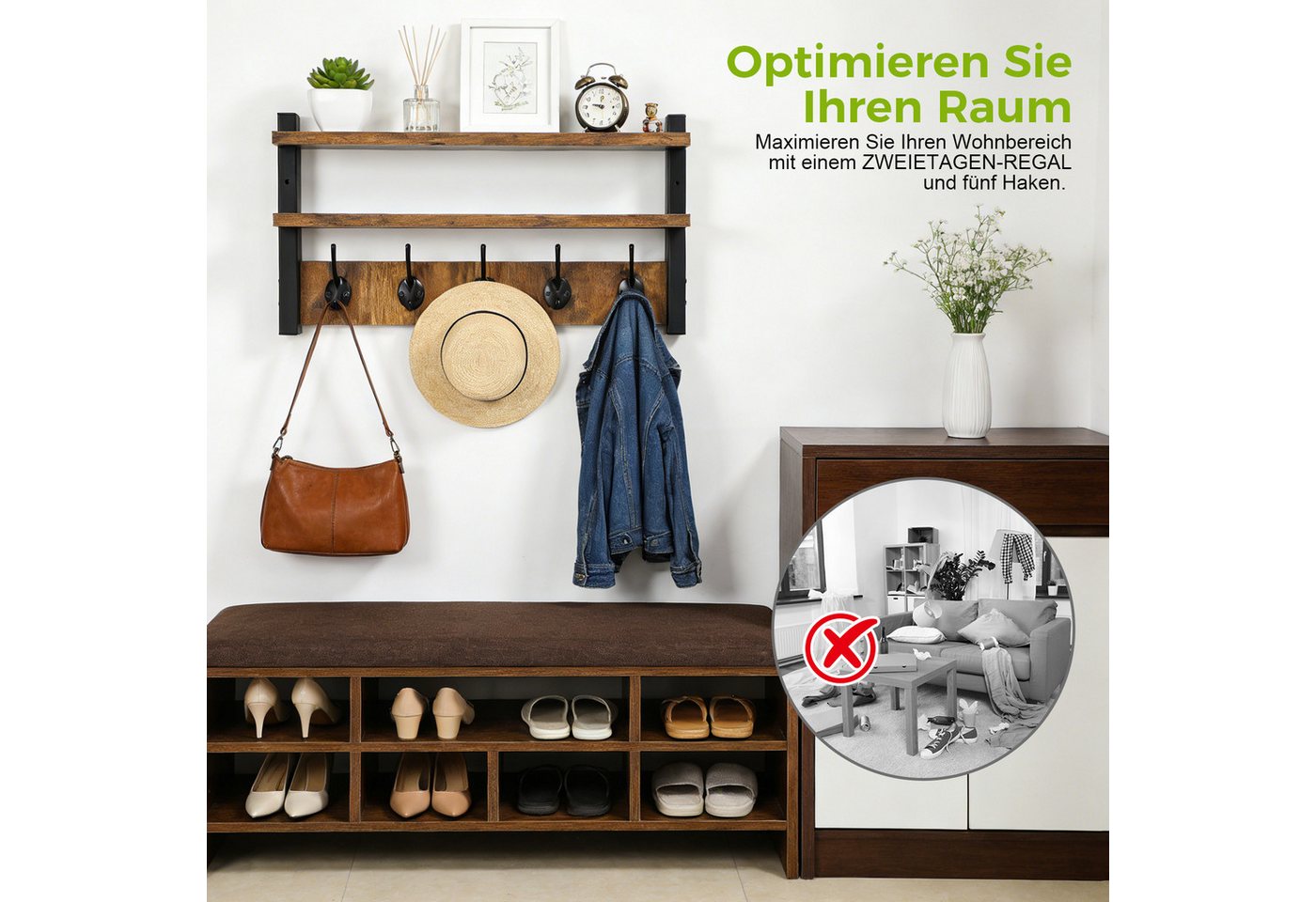 QUBEBU Wandgarderobe Wandgarderobe mit 2 Ablage, Wandregal mit 10 Haken Hängeregal bis 10kg (Kleiderhaken Wand - Wandgarderobe für Flure, Garderoben, Schlafzimmer, 1 St., Garderobenhaken, 41.5 x 11.5 x 28.5 cm (L x B x H), Garderobenleiste für Jacken, Mäntel, Taschen, Hüte und Schals bieten Bild 4