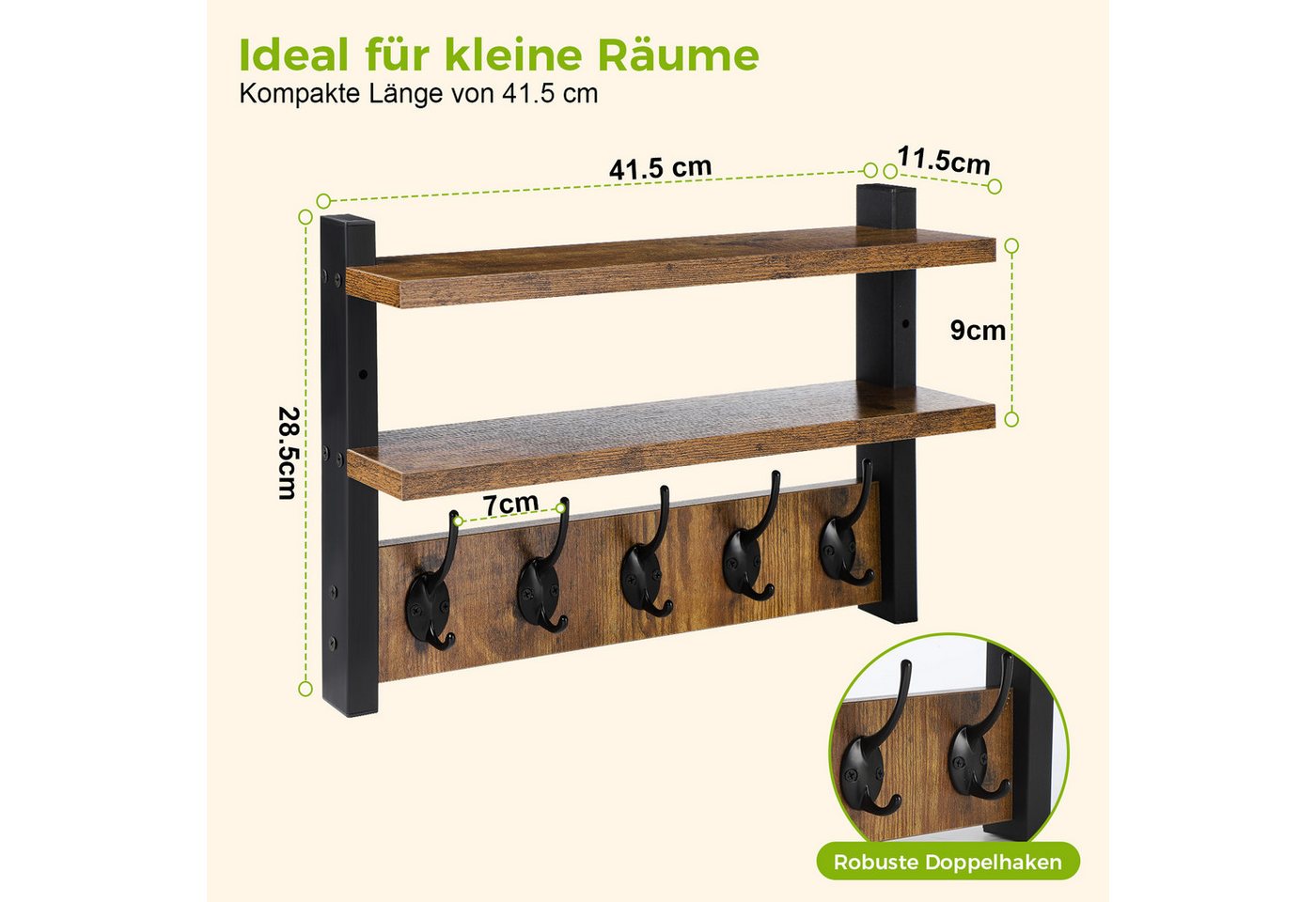 QUBEBU Wandgarderobe Wandgarderobe mit 2 Ablage, Wandregal mit 10 Haken Hängeregal bis 10kg (Kleiderhaken Wand - Wandgarderobe für Flure, Garderoben, Schlafzimmer, 1 St., Garderobenhaken, 41.5 x 11.5 x 28.5 cm (L x B x H), Garderobenleiste für Jacken, Mäntel, Taschen, Hüte und Schals bieten Bild 5