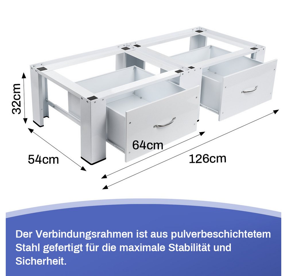 XERSEK Waschmaschinenuntergestell Stabiler Waschmaschinen-Sockel Schublade für Waschmaschine Trockner, Zubehör für inkl.2x Schublade, max. 300kG,126x54cm, 2-Fach, Unterschrank Podest Erhöhung Unterbau Bild 2
