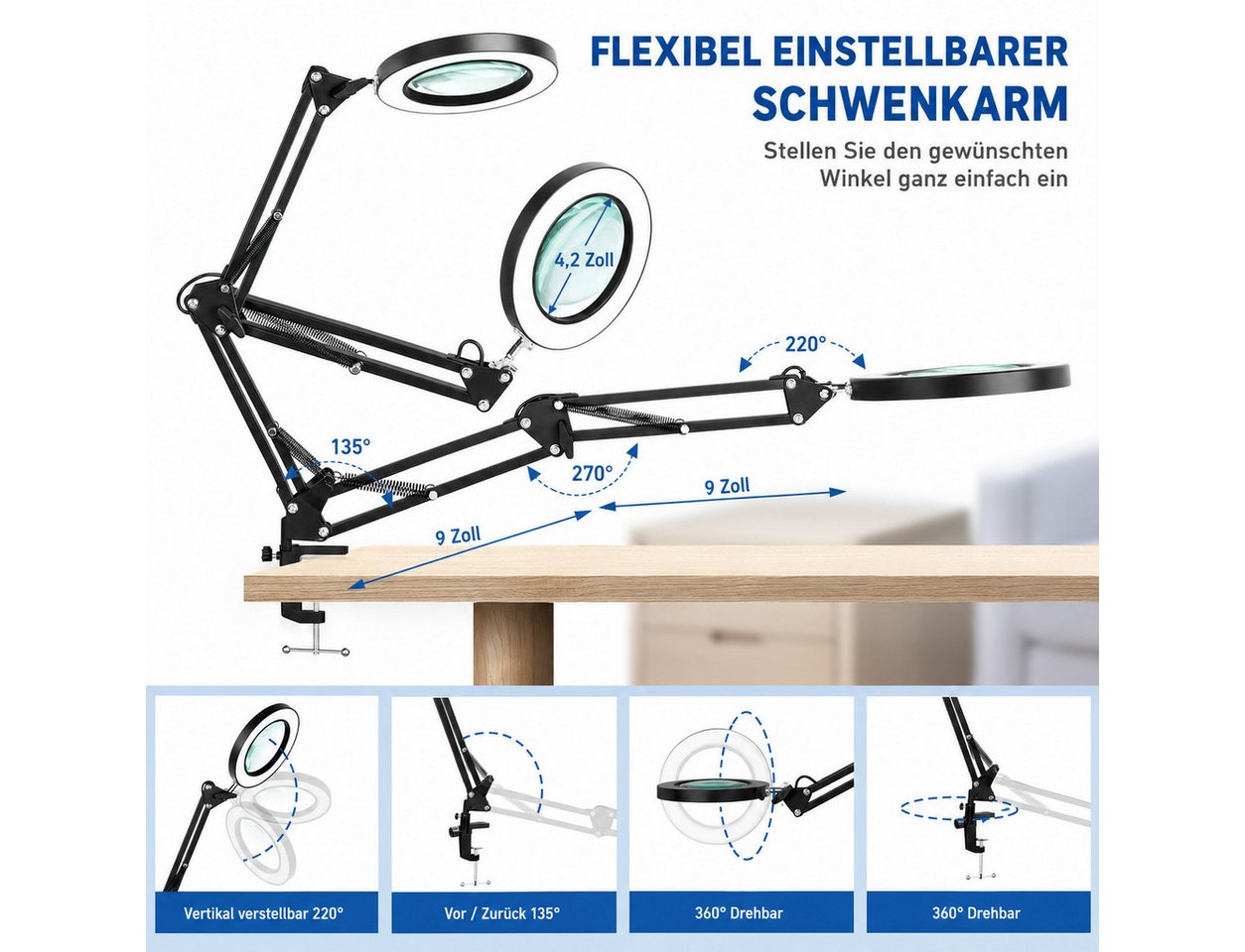 Fyrove Lupenlampe 10X LED Lupenleuchte mit Klemme, Lupenlampe mit Ständer und Ringlicht, 2800-6500K dimmbar, 3 Lichtfarben, 10 Helligkeitsstufen für Lesen, Nähen, Basteln, Kosmetik Bild 2