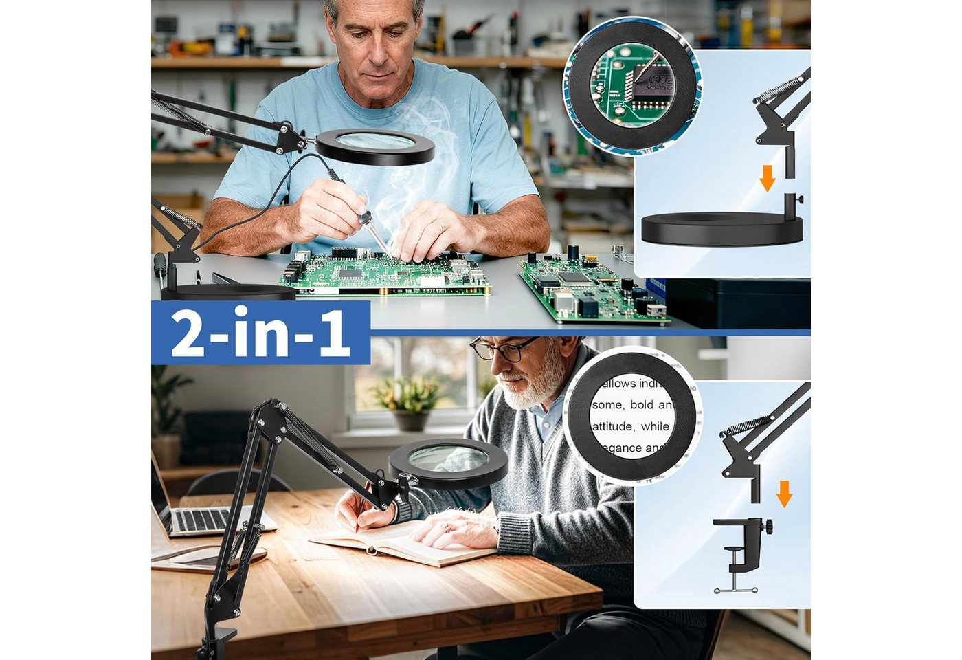 Fyrove Lupenlampe 10X LED Lupenleuchte mit Klemme, Lupenlampe mit Ständer und Ringlicht, 2800-6500K dimmbar, 3 Lichtfarben, 10 Helligkeitsstufen für Lesen, Nähen, Basteln, Kosmetik Bild 4