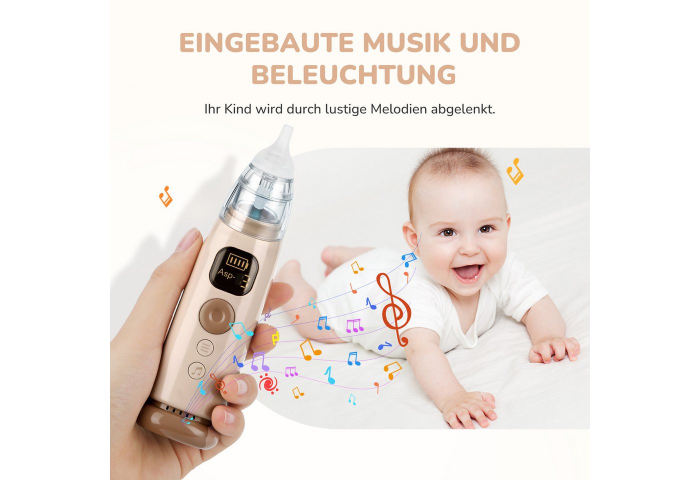 Fyrove Nasensauger Nasensauger Baby mit 3 Saugstufen, Nachtlicht & Musik, Wiederaufladbar, 3 Saugstufen leise Technologie Spielmelodien abnehmbare Aufsätze