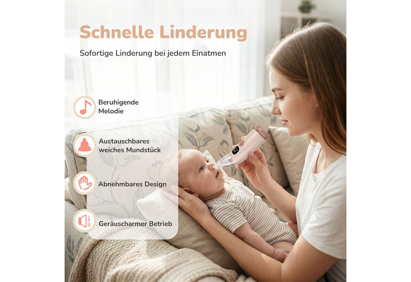 Fyrove Nasensauger Nasensauger Baby mit 3 Saugstufen, Nachtlicht & Musik, Wiederaufladbar, 3 Saugstufen leise Technologie Spielmelodien abnehmbare Aufsätze Bild 2