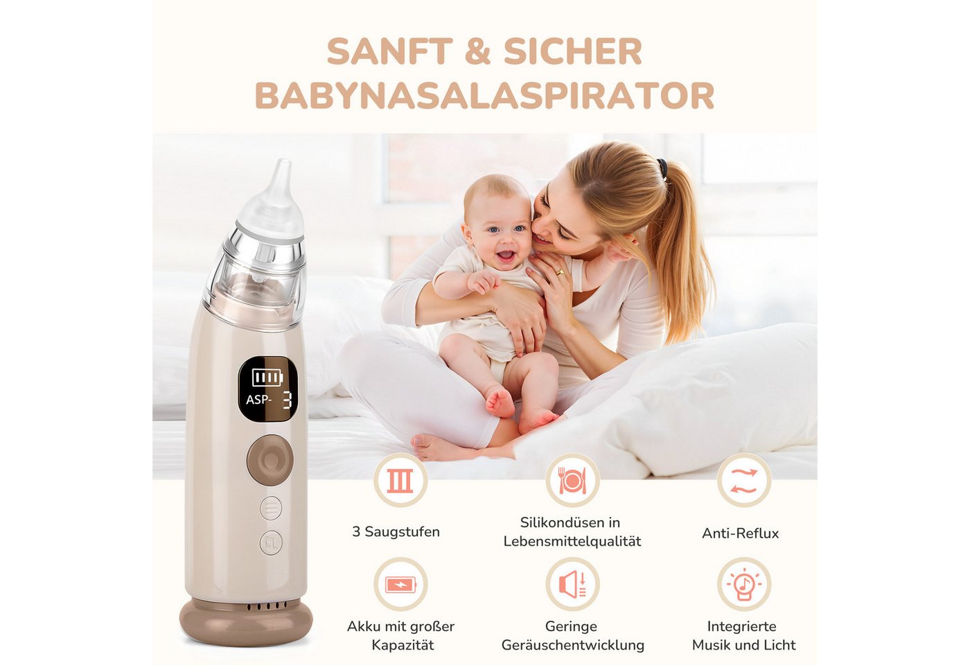 Fyrove Nasensauger Nasensauger Baby mit 3 Saugstufen, Nachtlicht & Musik, Wiederaufladbar, 3 Saugstufen leise Technologie Spielmelodien abnehmbare Aufsätze Bild 5