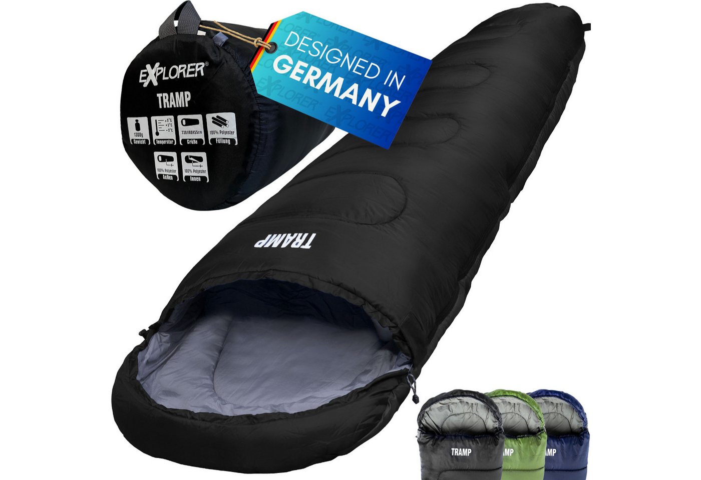 EXPLORER Mumienschlafsack TRAMP Camping Schlafsack 230x80x55cm Outdoor (9°C bis -9°C warm Frühling/Sommer/Herbst Reise Festival), kombinierbar leicht 1300g