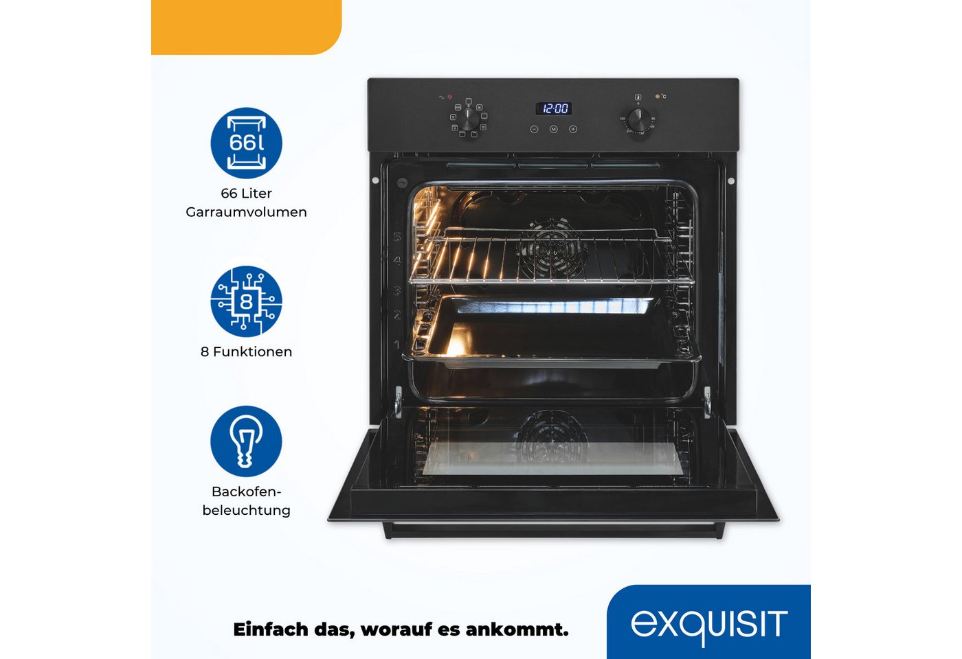 exquisit Backofen EBE367-H-120 mattschwarz, Heißluft & dreifach verglaste Tür – Wärme bleibt sicher im Ofen!