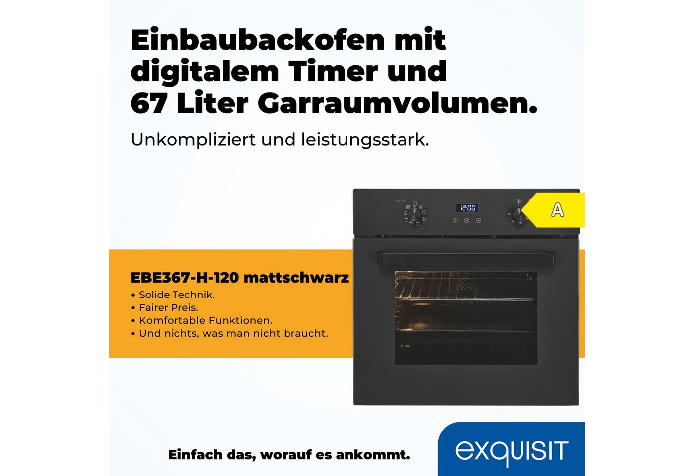 exquisit Backofen EBE367-H-120 mattschwarz, Heißluft & dreifach verglaste Tür – Wärme bleibt sicher im Ofen! Bild 4