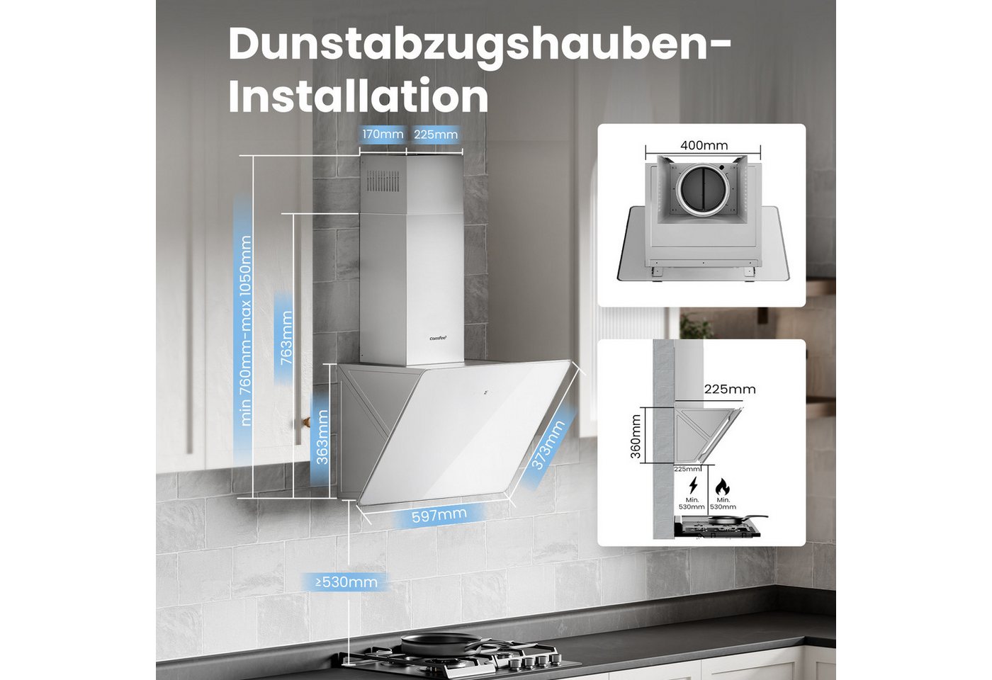 comfee Kopffreihaube CH60J64ET4A2B Touch, LED, 3 Stufen, 2 Modi, Kohlefilter, höhenverstellbar, sparsam Bild 4