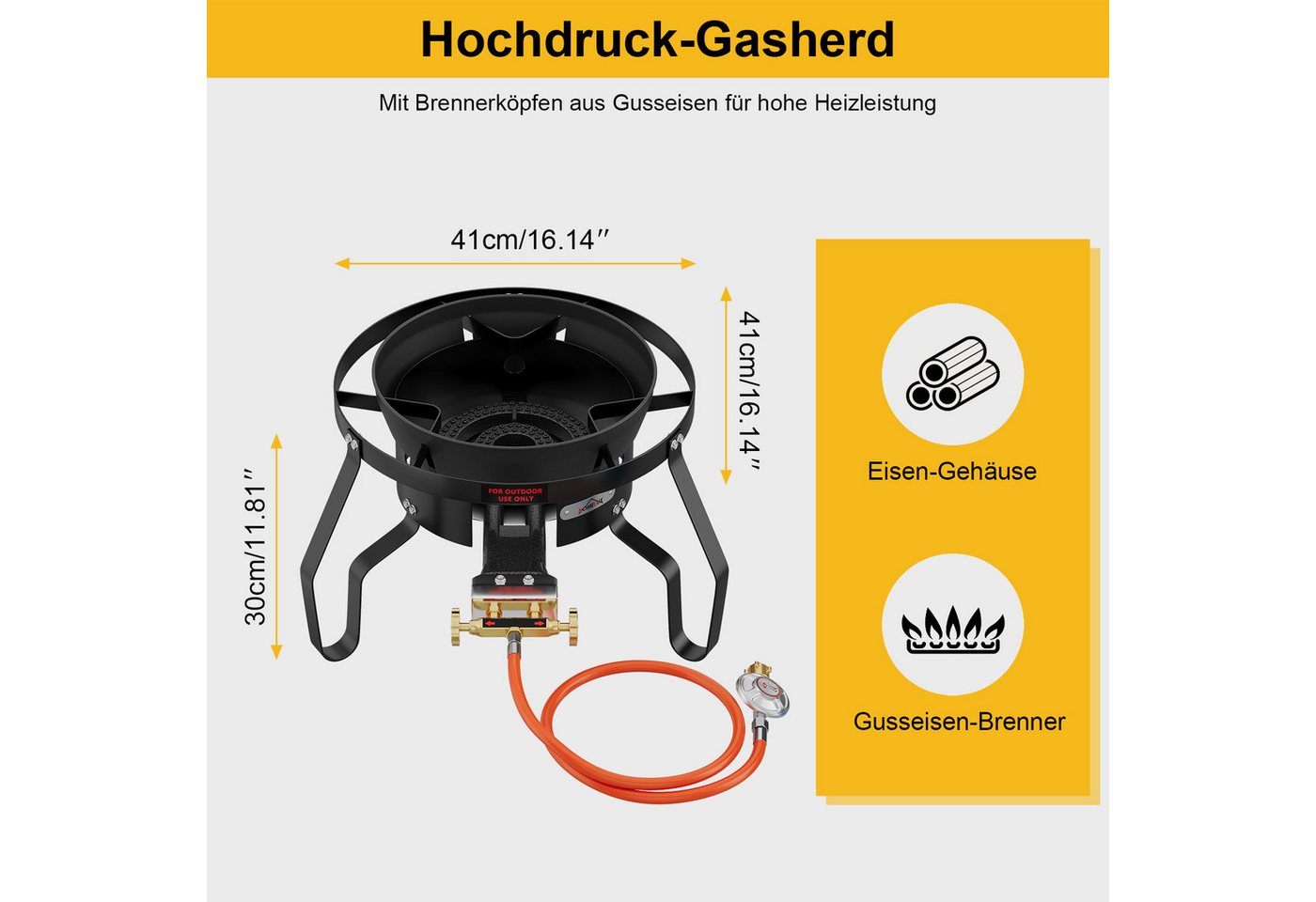 HOMELUX Gaskocher Gas-Hockerkocher 11,5 kW mit Piezozündung, (3-St., mit Schlauch 150 cm und 700 mbar Gas Regler Druckminderer), 3 Bein Profi Gasbrenner Gusseisen für Camping Räucheröfen Wok Kocher