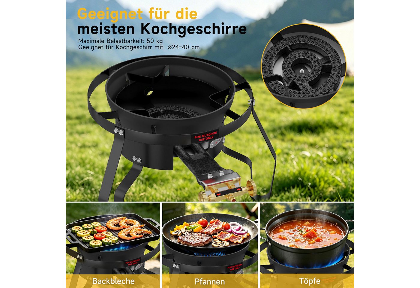HOMELUX Gaskocher Gas-Hockerkocher 11,5 kW mit Piezozündung, (3-St., mit Schlauch 150 cm und 700 mbar Gas Regler Druckminderer), 3 Bein Profi Gasbrenner Gusseisen für Camping Räucheröfen Wok Kocher Bild 2