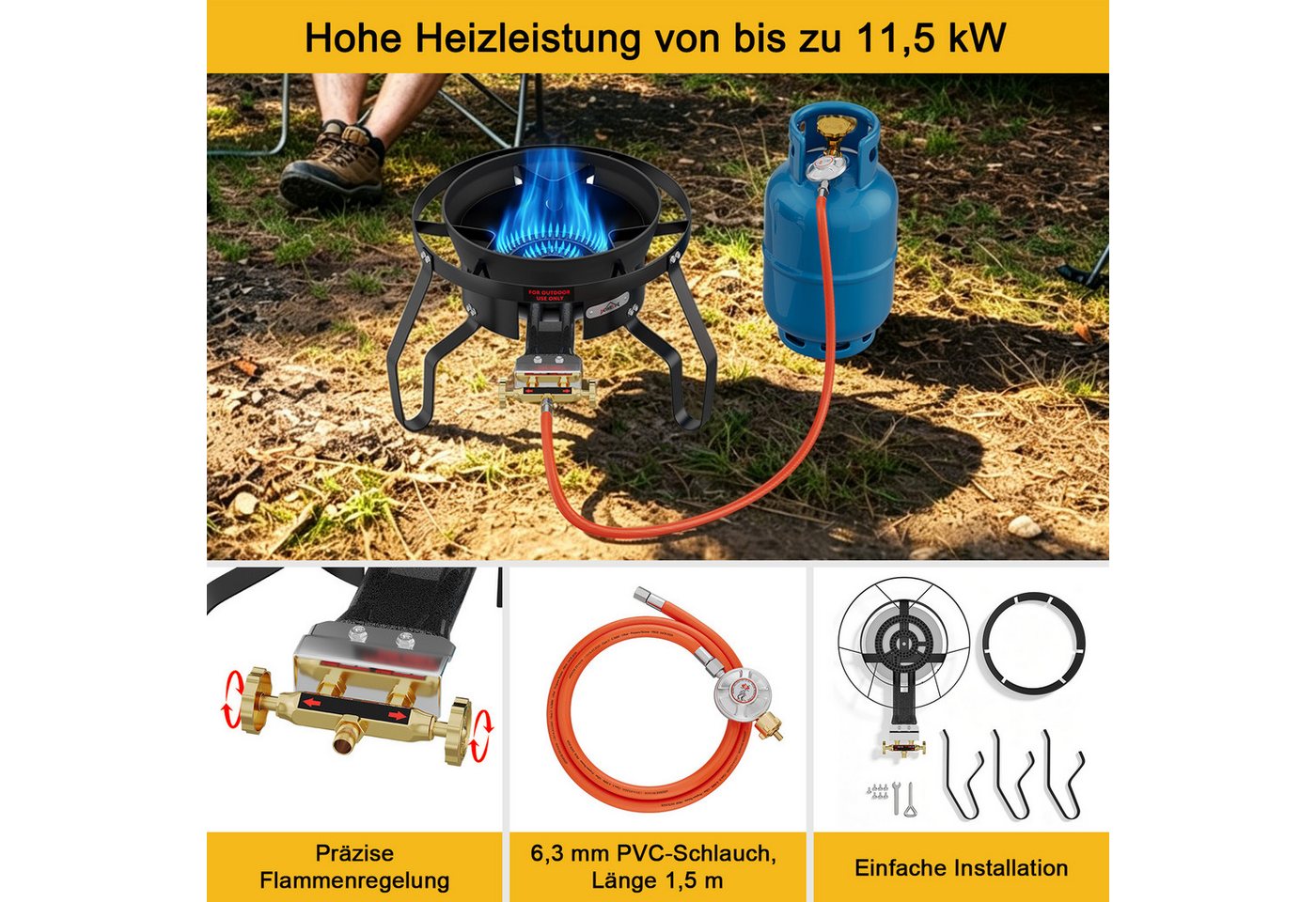 HOMELUX Gaskocher Gas-Hockerkocher 11,5 kW mit Piezozündung, (3-St., mit Schlauch 150 cm und 700 mbar Gas Regler Druckminderer), 3 Bein Profi Gasbrenner Gusseisen für Camping Räucheröfen Wok Kocher Bild 3