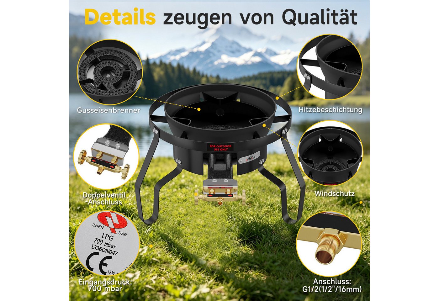 HOMELUX Gaskocher Gas-Hockerkocher 11,5 kW mit Piezozündung, (3-St., mit Schlauch 150 cm und 700 mbar Gas Regler Druckminderer), 3 Bein Profi Gasbrenner Gusseisen für Camping Räucheröfen Wok Kocher Bild 4