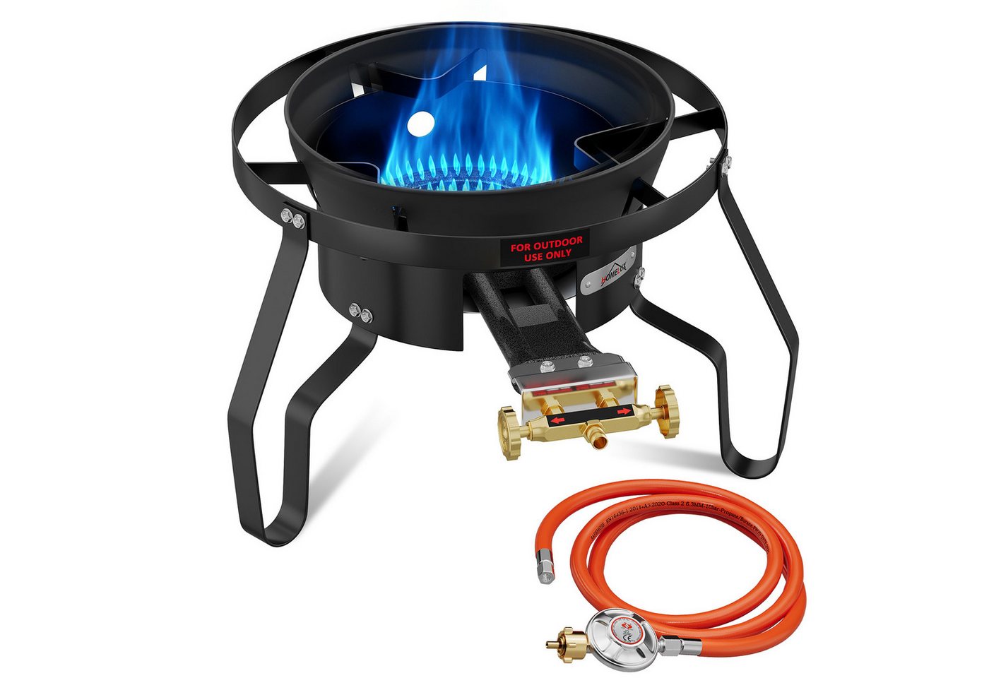 HOMELUX Gaskocher Gas-Hockerkocher 11,5 kW mit Piezozündung, (3-St., mit Schlauch 150 cm und 700 mbar Gas Regler Druckminderer), 3 Bein Profi Gasbrenner Gusseisen für Camping Räucheröfen Wok Kocher Bild 5