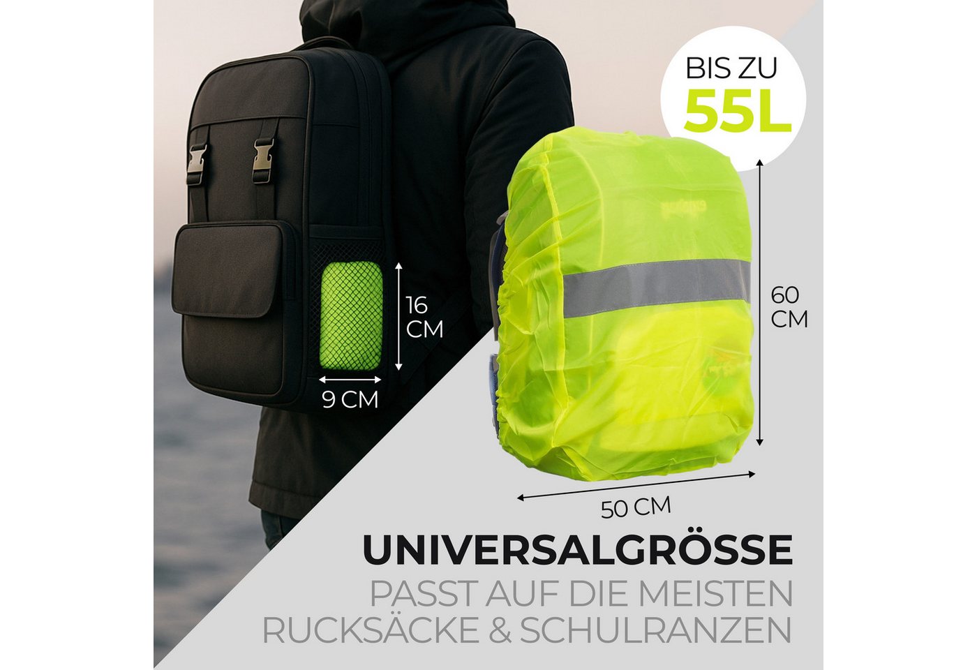 MOVOJA Rucksack-Regenschutz 55L Regenhülle für Rucksack, wasserdicht & reflektierend, wasserdicht, reflektierendes Cover, 55L Bild 2