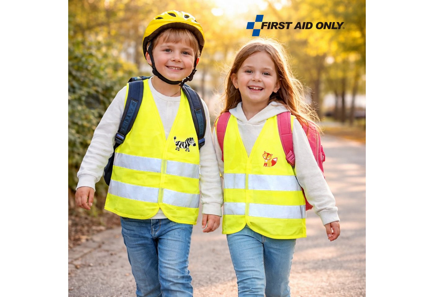 FIRST AID ONLY® Warnweste Kinder Warnweste Duo Set Fuchs & Zebra Sicherheitsweste 3-8 Jahre (2-tlg) Gemäß EN 17353:2020 Bild 3