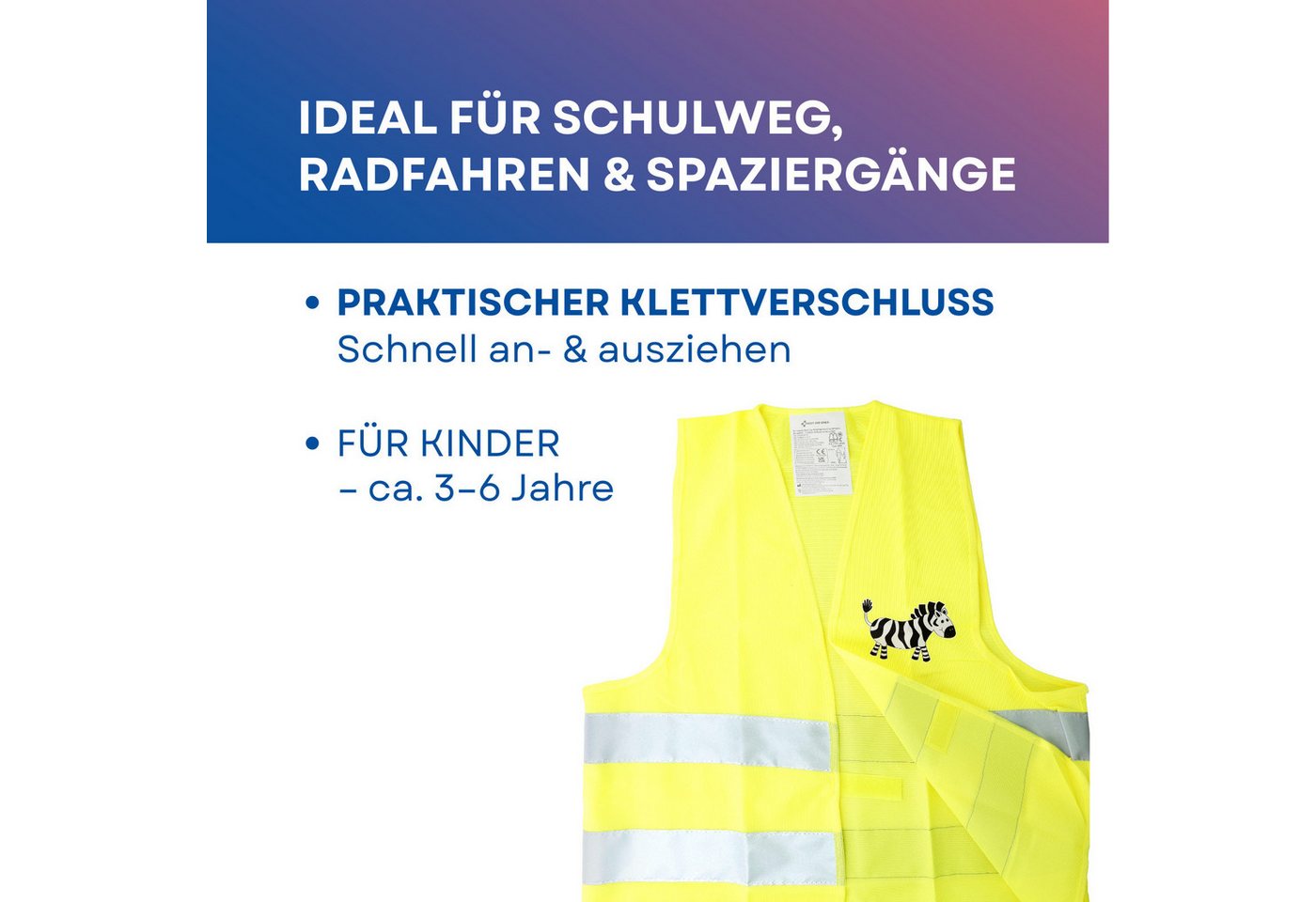 FIRST AID ONLY® Warnweste Kinder Warnweste Duo Set Fuchs & Zebra Sicherheitsweste 3-8 Jahre (2-tlg) Gemäß EN 17353:2020 Bild 4