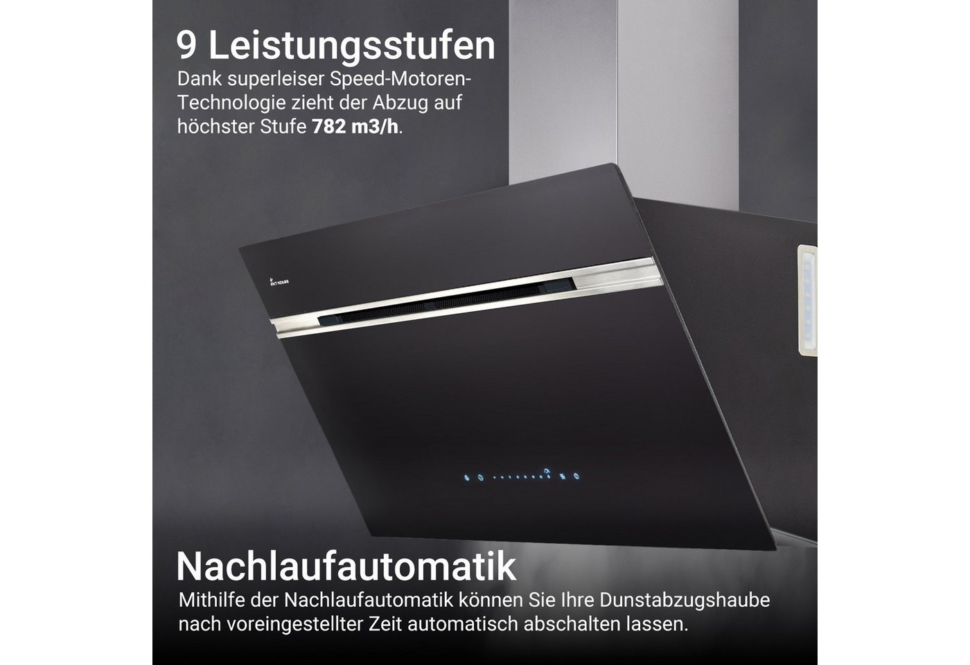 KKT KOLBE Wandhaube Dunstabzugshaube 90cm AURORA9005SE RGBW Ambientebeleuchtung Kopffreihaube / Umluft / Abluft / Smarte WiFi-App / Schwarz / Glas
