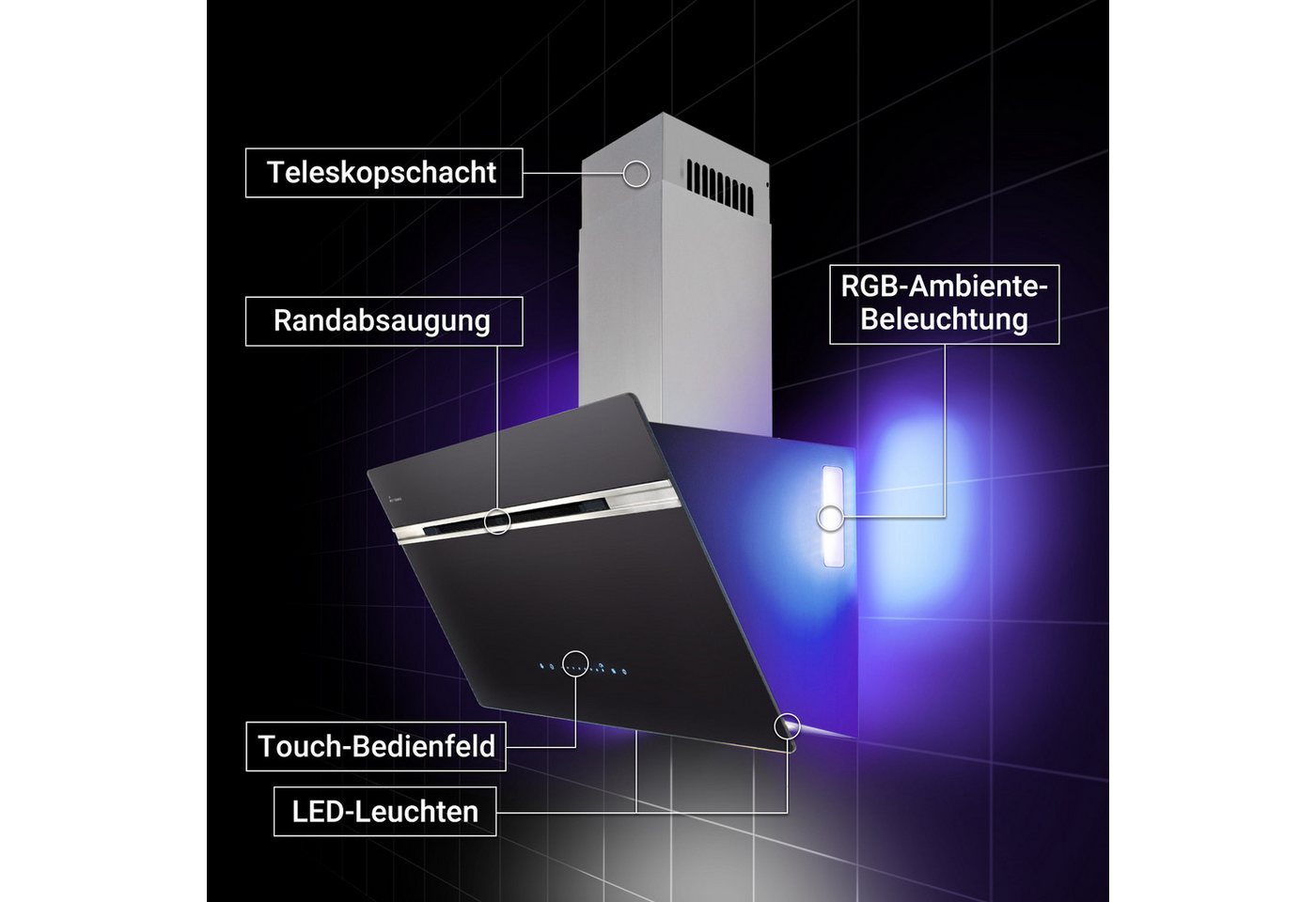 KKT KOLBE Wandhaube Dunstabzugshaube 90cm AURORA9005SE RGBW Ambientebeleuchtung Kopffreihaube / Umluft / Abluft / Smarte WiFi-App / Schwarz / Glas Bild 3
