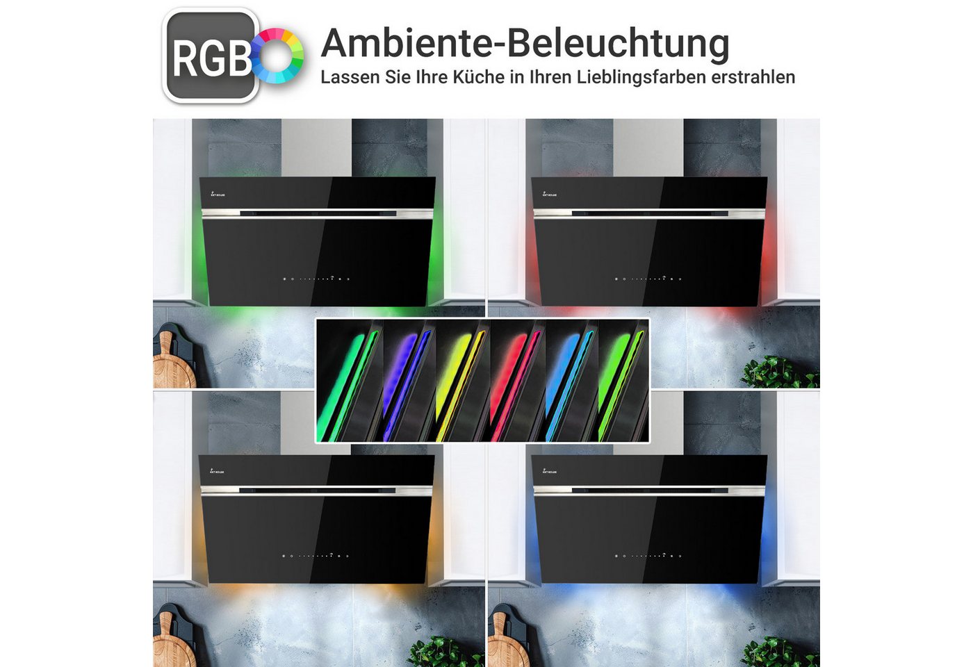 KKT KOLBE Wandhaube Dunstabzugshaube 90cm AURORA9005SE RGBW Ambientebeleuchtung Kopffreihaube / Umluft / Abluft / Smarte WiFi-App / Schwarz / Glas Bild 4