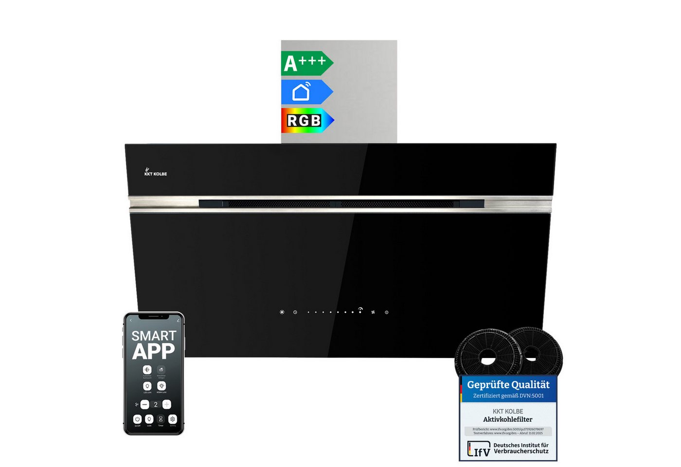 KKT KOLBE Wandhaube Dunstabzugshaube 90cm AURORA9005SE RGBW Ambientebeleuchtung Kopffreihaube / Umluft / Abluft / Smarte WiFi-App / Schwarz / Glas Bild 5