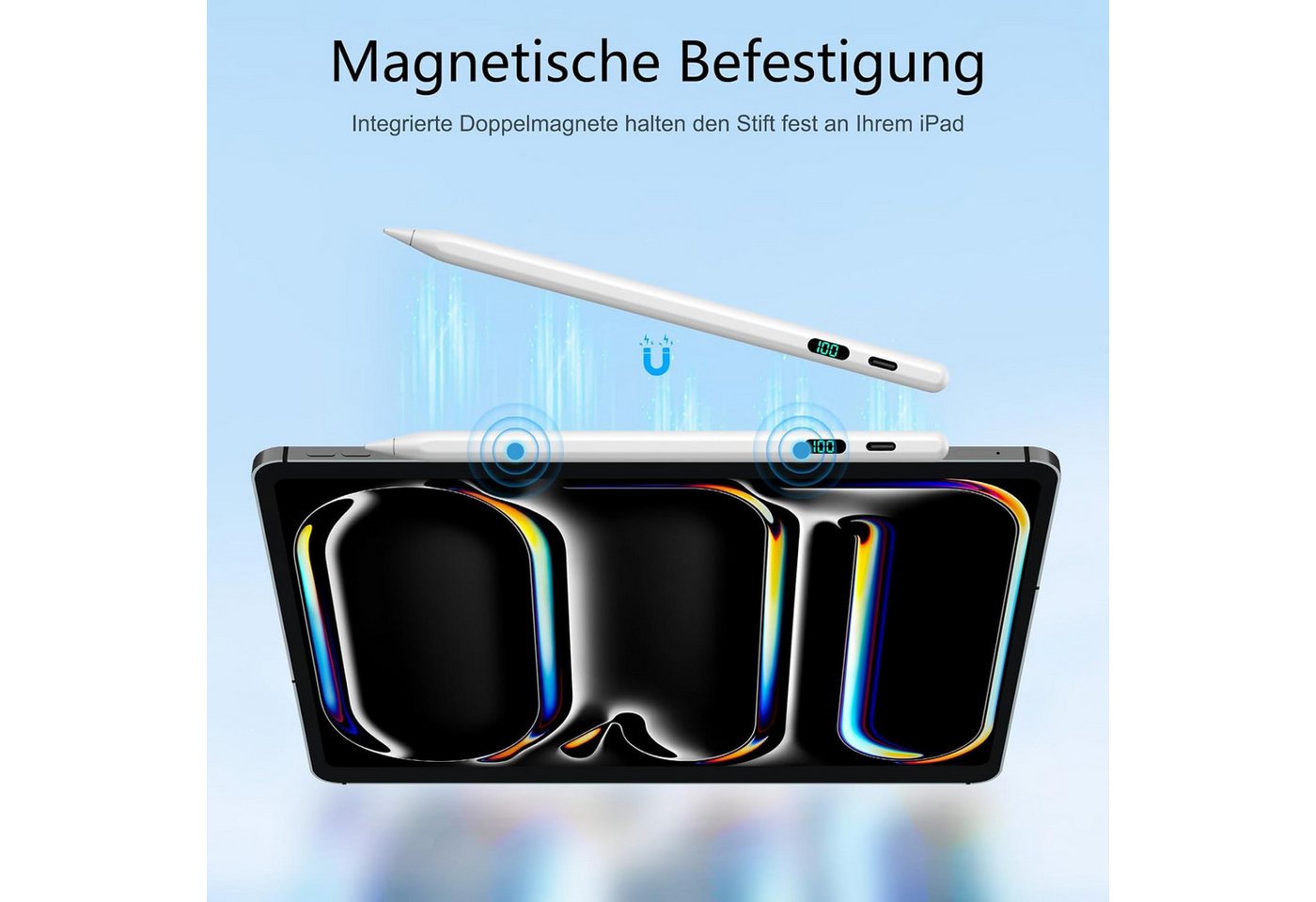 Toomoke Eingabestift Stift für iPad USB-C (2018-2026) Schnellladen für Apple iPads (mit 4x iPad Stift Spitzen + Silikon Halterung) Tabletstift Stylus Pencil USB-C Schnellladen Palm Rejection Bild 2