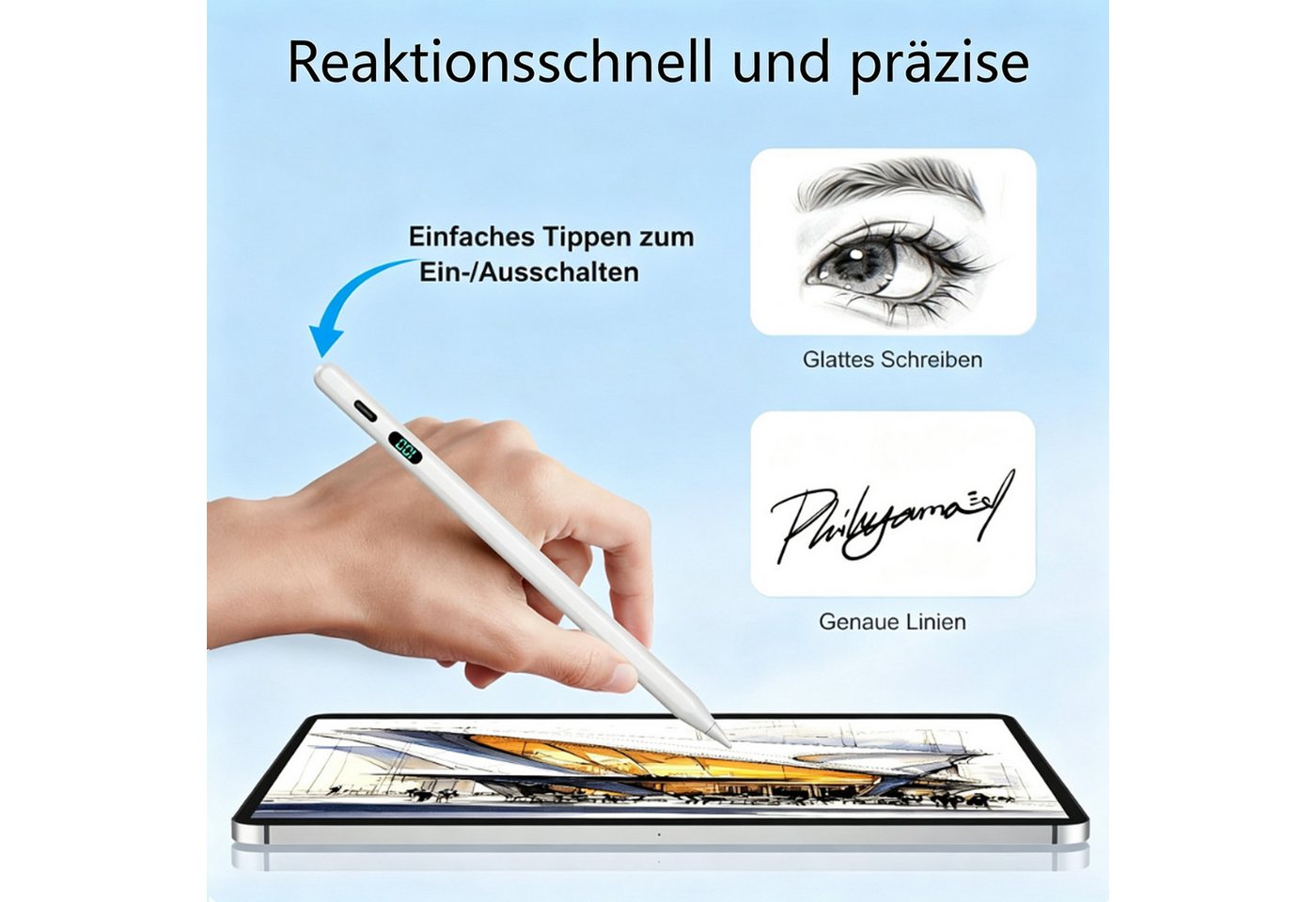 Toomoke Eingabestift Stift für iPad USB-C (2018-2026) Schnellladen für Apple iPads (mit 4x iPad Stift Spitzen + Silikon Halterung) Tabletstift Stylus Pencil USB-C Schnellladen Palm Rejection Bild 4
