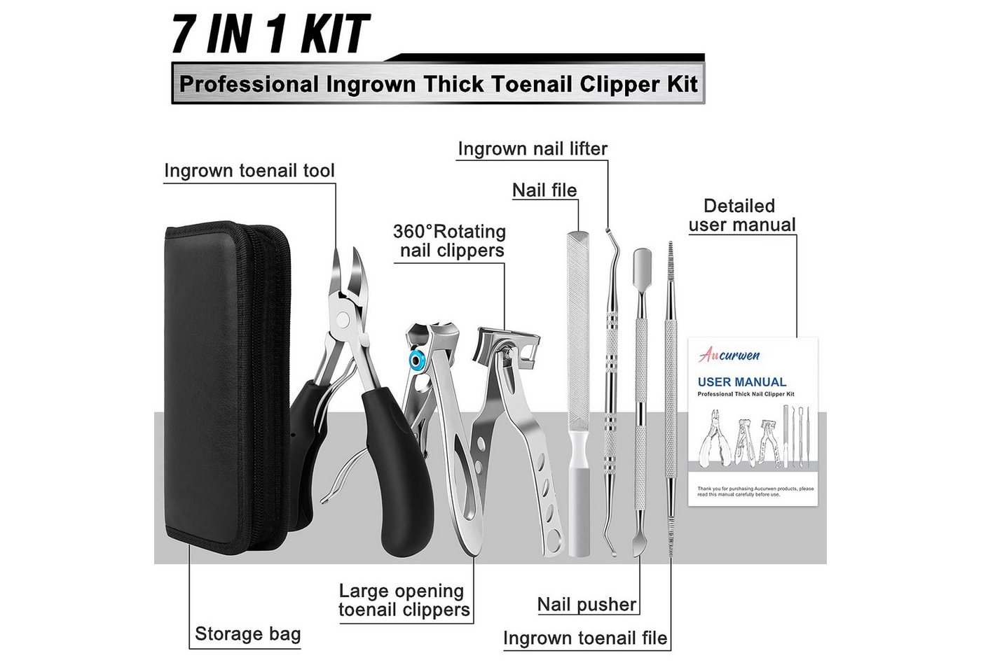 Fyrove Maniküre-Pediküre-Set Pediküre Set 7 in 1 mit Zehennagelknipser,360° drehbarer Nagelknipser, Edelstahl superscharfe gebogene Klingen kosmetische Nagelwerkzeuge, Nagelpflege Set für dicke Nägel mit Aufbewahrungstasche Bild 5