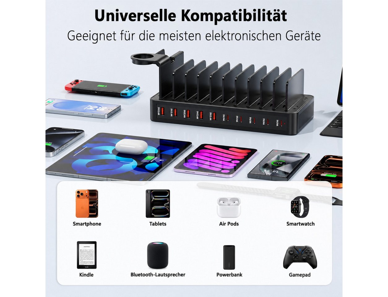 Toomoke 100W Ladestation für mehrere Geräte, 10-Port USB-C Ladestation (USB-A Ladegerät mit Tablet- und Smartphone-Halterung, inkl. 10 Ladekabeln, für iPhone 17/16/15, Galaxy S25/S24, iPad und mehr)