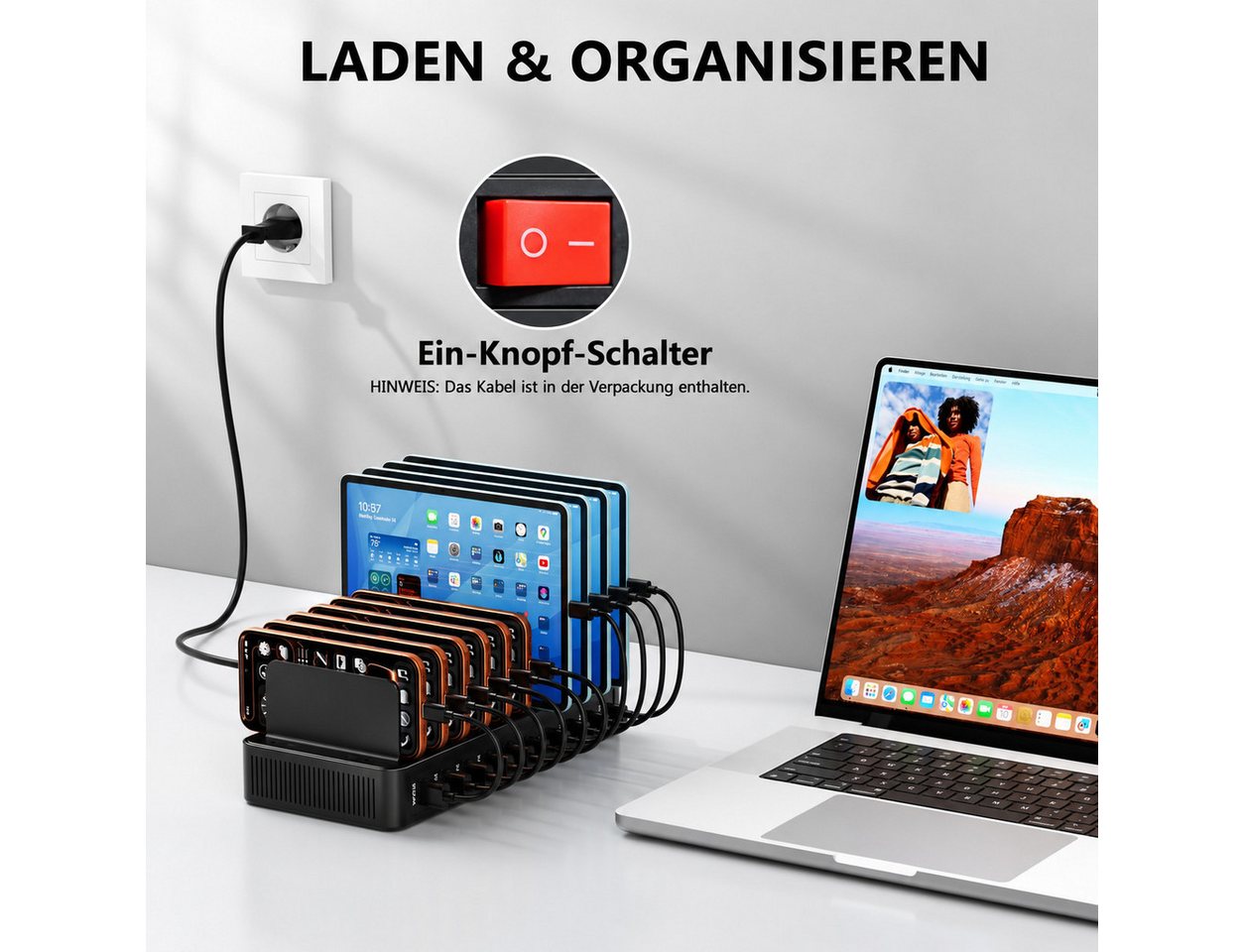 Toomoke 100W Ladestation für mehrere Geräte, 10-Port USB-C Ladestation (USB-A Ladegerät mit Tablet- und Smartphone-Halterung, inkl. 10 Ladekabeln, für iPhone 17/16/15, Galaxy S25/S24, iPad und mehr) Bild 2
