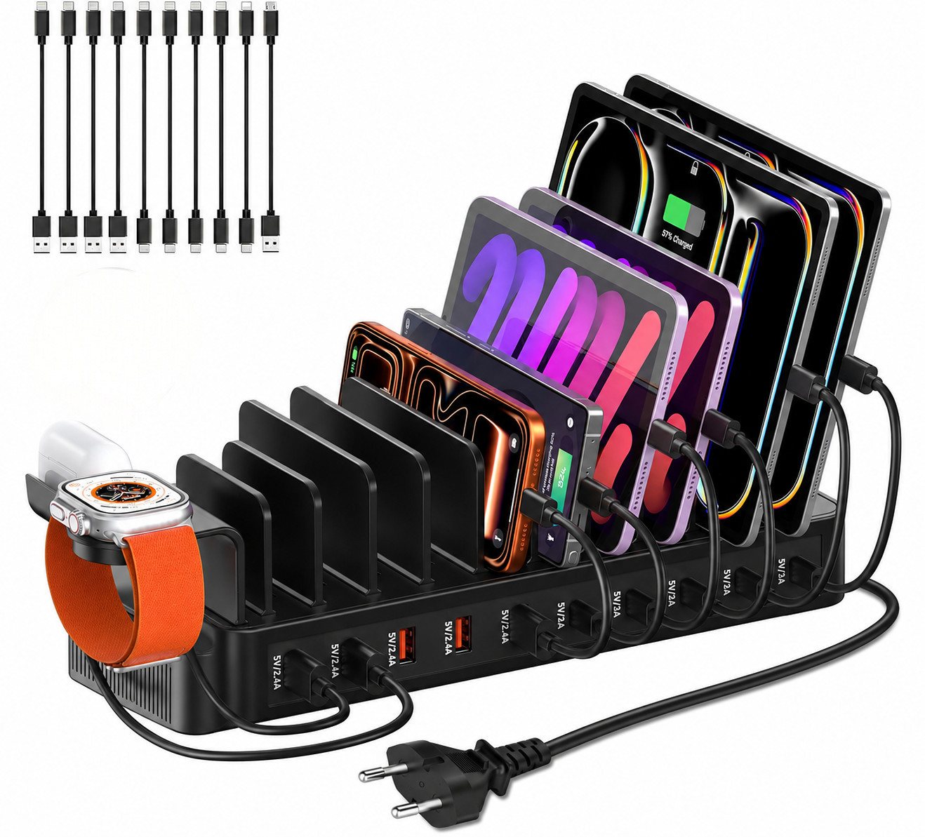 Toomoke 100W Ladestation für mehrere Geräte, 10-Port USB-C Ladestation (USB-A Ladegerät mit Tablet- und Smartphone-Halterung, inkl. 10 Ladekabeln, für iPhone 17/16/15, Galaxy S25/S24, iPad und mehr) Bild 3