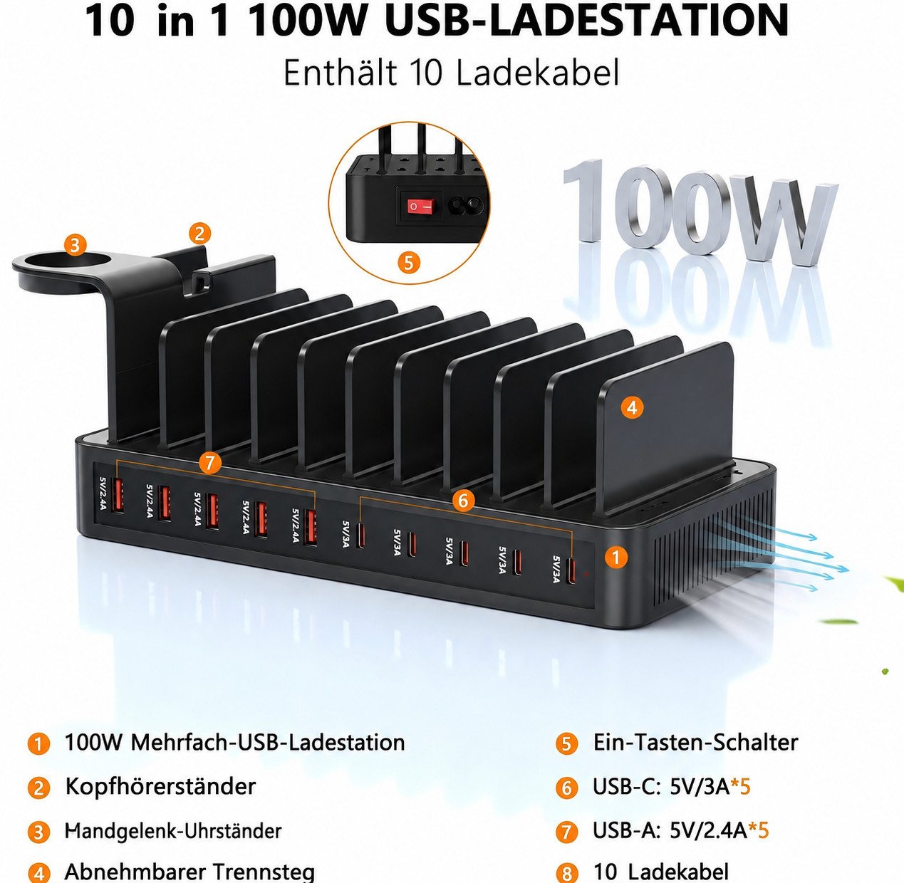 Toomoke 100W Ladestation für mehrere Geräte, 10-Port USB-C Ladestation (USB-A Ladegerät mit Tablet- und Smartphone-Halterung, inkl. 10 Ladekabeln, für iPhone 17/16/15, Galaxy S25/S24, iPad und mehr) Bild 4