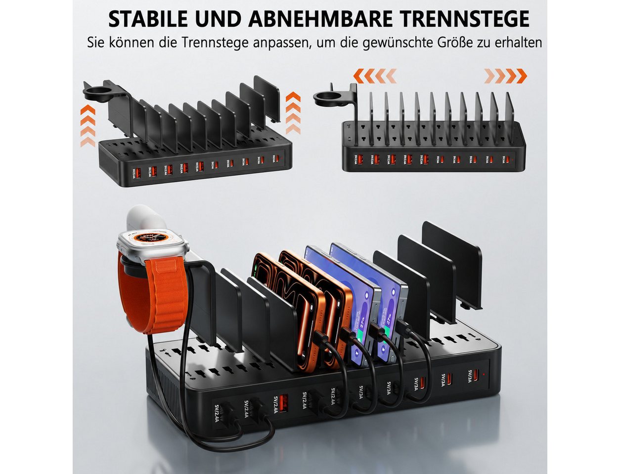 Toomoke 100W Ladestation für mehrere Geräte, 10-Port USB-C Ladestation (USB-A Ladegerät mit Tablet- und Smartphone-Halterung, inkl. 10 Ladekabeln, für iPhone 17/16/15, Galaxy S25/S24, iPad und mehr) Bild 5